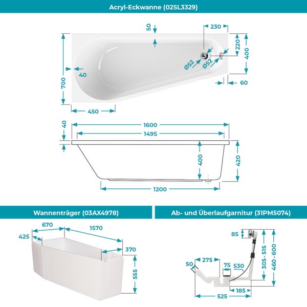 Technische Zeichnung einer Acryl-Eckwanne 1600 mal 700 Millimeter, eines Wannenträgers und einer Ab- und Überlaufgarnitur mit Maßangaben.