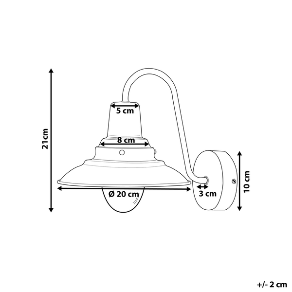 Abmessungen einer Wandleuchte mit einem Durchmesser von 20 cm, einer Höhe von 21 cm und einer Ausladung von 3 cm.