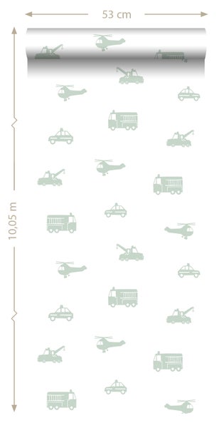 ESTAhome Tapete Autos, Löschfahrzeuge, Hubschrauber und Kräne Mintgrün auf Weiß - 53 cm x 10.05 m - 128856