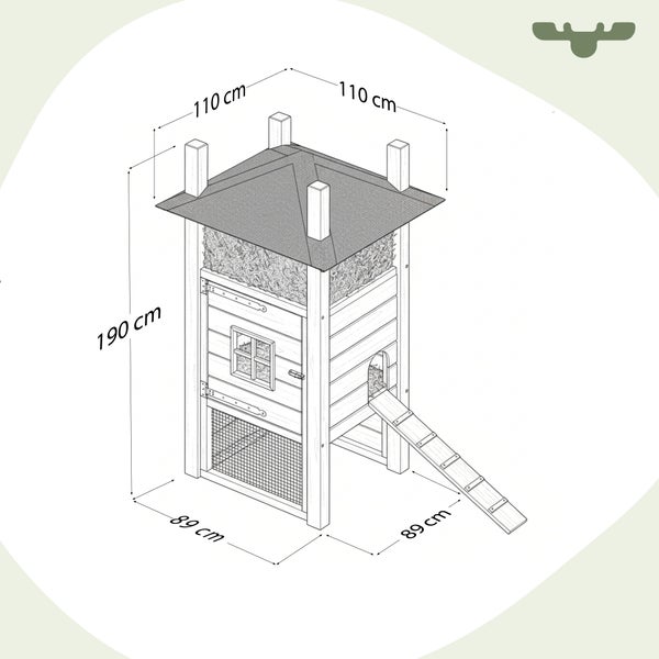 Draufsicht des Wildtierhauses mit den Maßen 190 cm Höhe, 110 cm Breite und 89 cm Tiefe.
