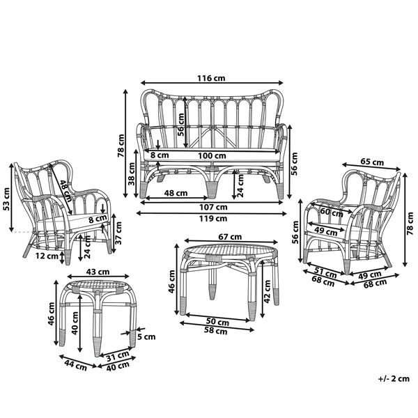 Maße für Sofa, Sessel und Tisch aus Rattan