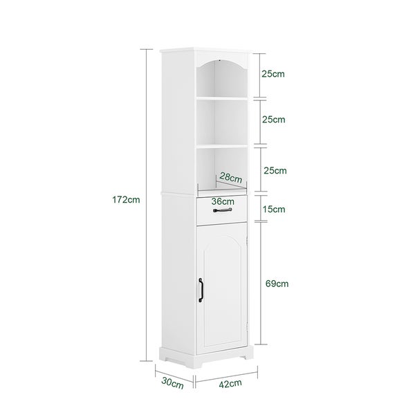 Weißer Badezimmerschrank mit Schublade, Tür und offenen Regalen mit Maßangaben
