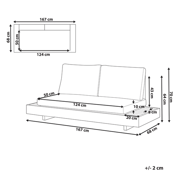 Maßskizze eines Gartensofas mit integrierter Ablage inklusive Bemaßungsangaben in Zentimeter zur Veranschaulichung der Produktabmessungen.