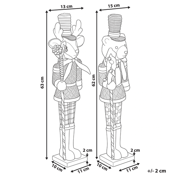 Maßzeichnung von zwei weihnachtlichen Figuren, ein Rentier und ein Bär als Nussknacker, mit detaillierten Höhen- und Breitenangaben in Zentimetern.