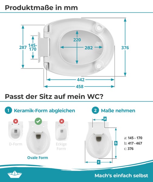 Calmwaters WC-Sitz erhöht, + 5 cm Erhöhung, stabiler Griff, Absenkautomatik, Made in EU, antibakteriell, univeral, oval, Duroplast, Toilettensitz