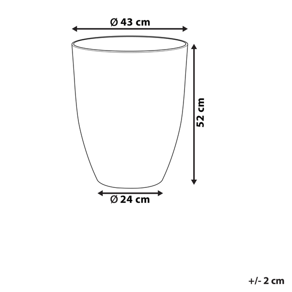 Skizze eines Pflanzkübels mit Maßen: Durchmesser oben 43 Zentimeter, unten 24 Zentimeter, Höhe 52 Zentimeter, plus minus 2 Zentimeter.