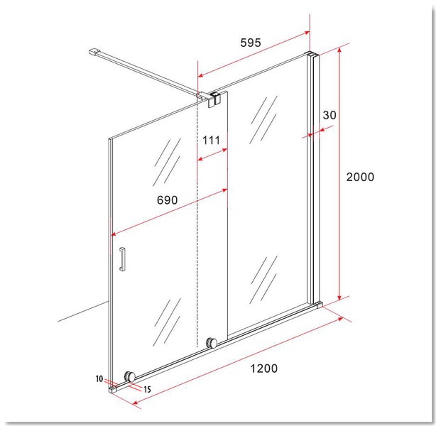 Technische Zeichnung einer Duschwand mit Maßangaben.