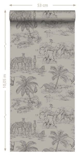 Origin Wallcoverings Tapete Dschungeltiere Kieselgrau - 53 cm x 10.05 m - 347443