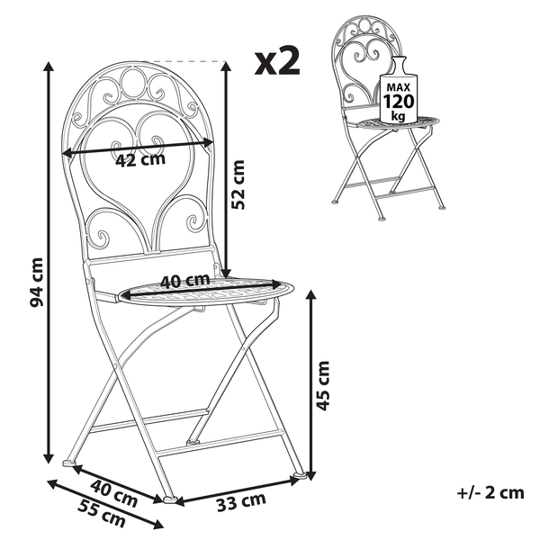 Technische Zeichnung eines 2er Sets Gartenstühle mit Maßangaben und maximaler Belastbarkeit.