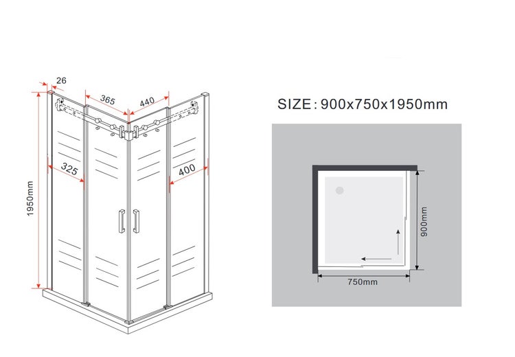 Technische Zeichnung einer Duschkabine mit Größenangaben 900x750x1950 Millimeter.