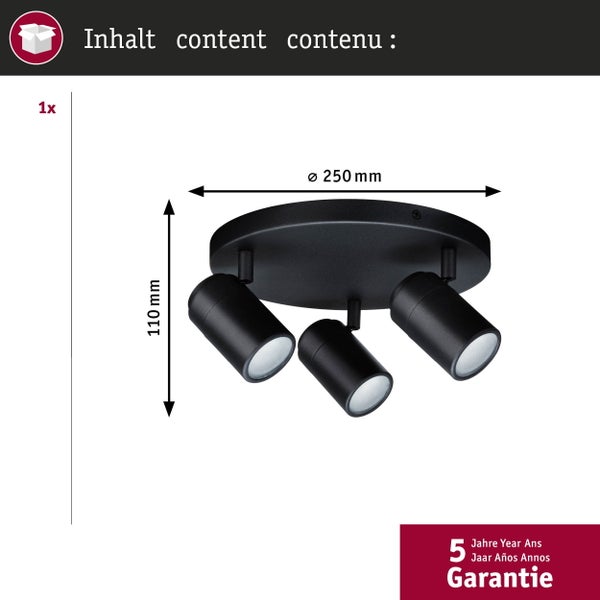 Spotlight Zyli IP44 GU10 230V max. 3x10W dimmbar Schwarz matt