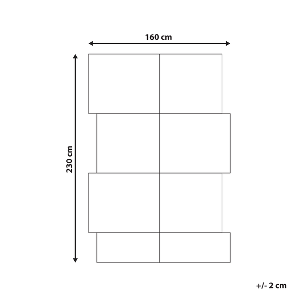 Maßzeichnung mit einer Breite von 160 Zentimeter und einer Höhe von 230 Zentimeter sowie einer Toleranz von plus minus 2 Zentimeter.