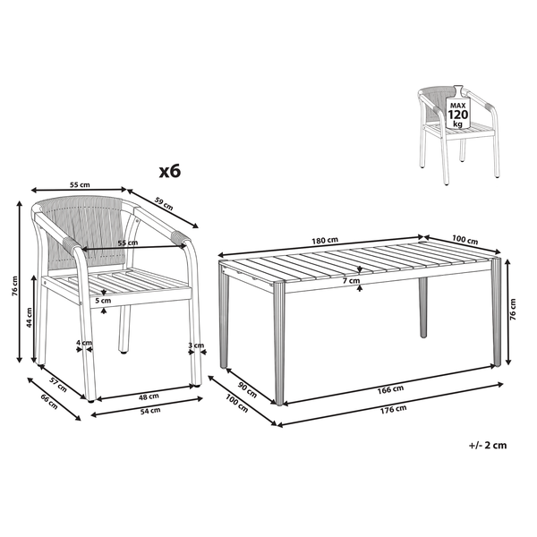 Maßzeichnung Gartenmöbel-Set mit 6 Stühlen und einem Tisch. Maße in Zentimeter und maximale Belastbarkeit von 120 Kilogramm pro Stuhl.