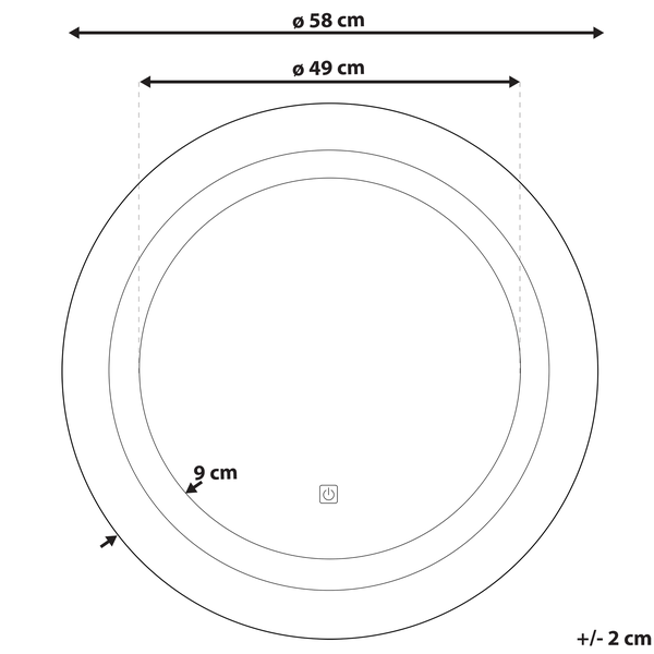 Technische Zeichnung eines runden Spiegels mit einem Durchmesser von 58 cm und einer Tiefe von 9 cm.