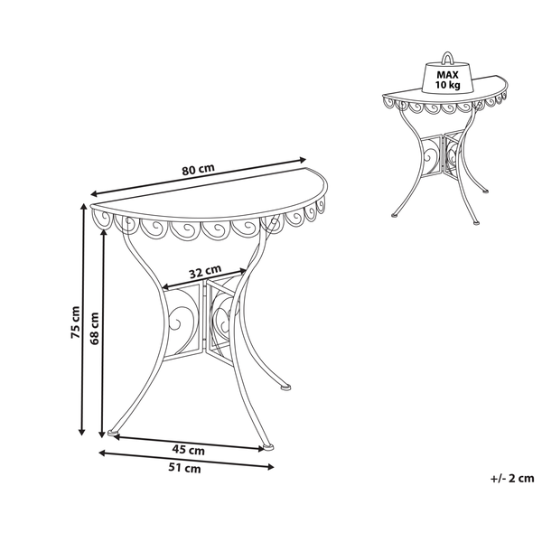 Technische Zeichnung eines Halbrundtisches mit Maßangaben und maximaler Belastbarkeit von 10 Kilogramm