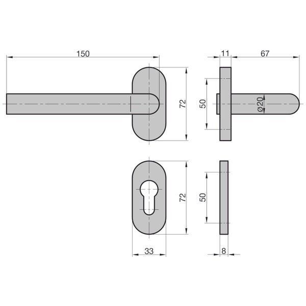 BASI 1/2-Schmalrahmen-Garnitur aus Edelstahl ZB 3250 PZ oval L-Form ohne Schraubverbindung