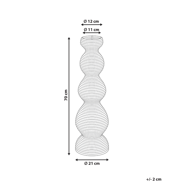 Maßzeichnung einer geriffelten Bodenvase. Höhe 70 Zentimeter, Bodendurchmesser 21 Zentimeter, Öffnung 11 bis 12 Zentimeter, Toleranz 2 Zentimeter.