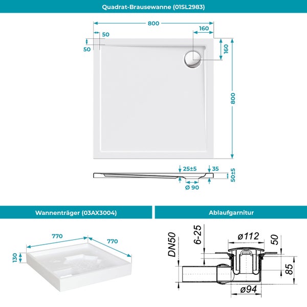 Calmwaters® Duschwannen-Set Modern Select, Flache Acryl-Brausewanne mit Wannenträger und Excenter-Ablaufgarnitur, 80 x 80 x 2,5 cm, Komplettset Acrylwanne, Bodengleicher Einbau, Weiß, 99000119