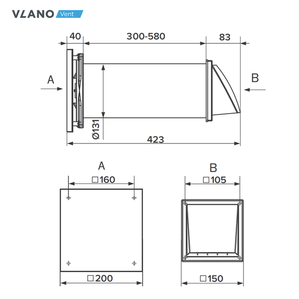 Technische Zeichnung eines Vlano Vent Ventilators mit Maßen