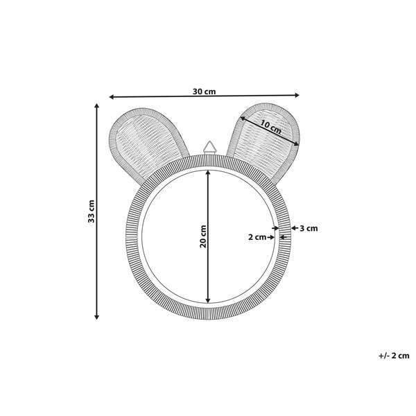 Technische Zeichnung eines Spiegels in Hasenform mit Breiten-, Höhen- und Durchmesserangaben.