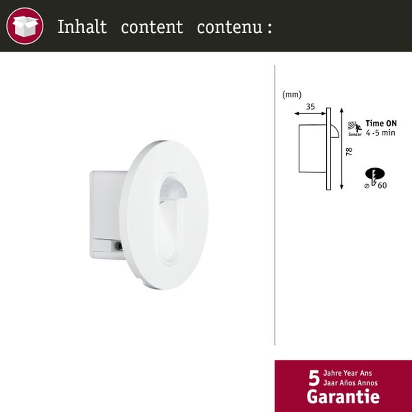 LED Wandeinbauleuchte Wall rund 78mm 1,1W 65lm 230V 2700K Weiß