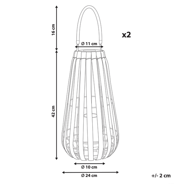 Technische Zeichnung einer Gartenlaterne mit Maßen: Höhe 42 Zentimeter, Henkel 16 Zentimeter, Durchmesser 24 Zentimeter, Set aus 2 Stück.