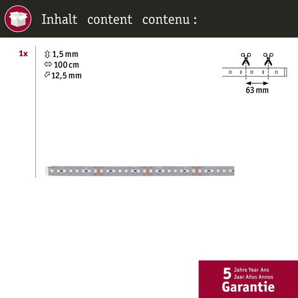 LED Streifen Produktdetails: 1,5 mm dick, 100 cm lang, 12,5 mm breit, kürzbar alle 63 mm, 5 Jahre Garantie
