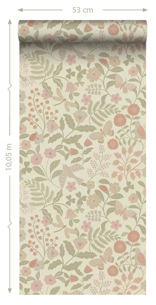 ESTAhome Tapete Blumen und Vögel Grün und Rosa - 50 x 900 cm - 139869