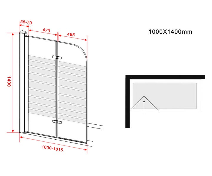 Technische Zeichnung einer Duschkabine mit Maßen 1000 x 1400 Millimeter