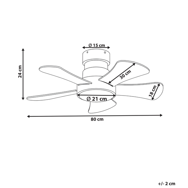 Maßzeichnung eines Deckenventilators mit einem Durchmesser von 80 Zentimeter und einer Höhe von 24 Zentimeter.