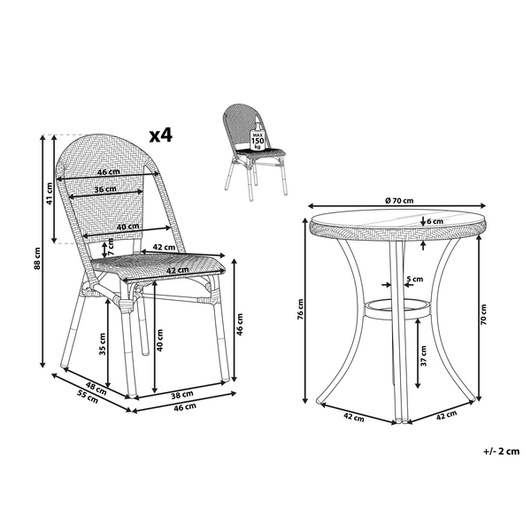 Abmessungen Gartengarnitur bestehend aus Tisch und vier Stühlen