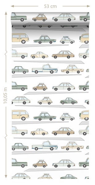 ESTAhome Tapete Autos Graugrün, Grau und Beige - 50 x 900 cm - 139537