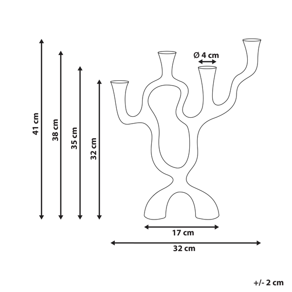 Abmessungen eines Baumkerzenhalters mit fünf Armen: 41 cm Höhe, 32 cm Breite.