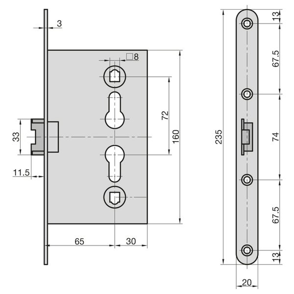 Technische Zeichnung eines Einsteckschlosses mit Maßen