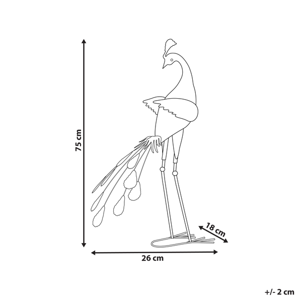 Abmessungen einer Pfauenfigur: 75 cm hoch, 26 cm breit und 18 cm tief.