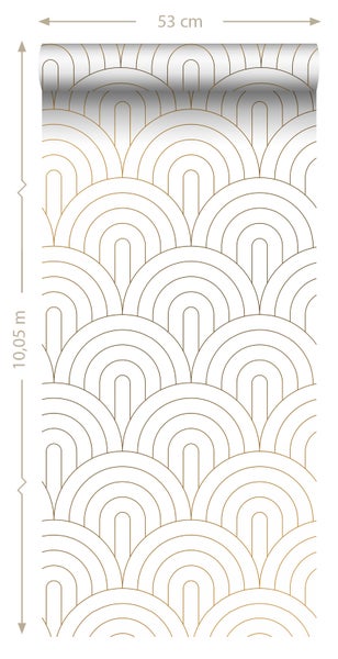 ESTAhome Tapete Art Decó Muster Weiß und Gold - 53 cm x 10.05 m - 139215