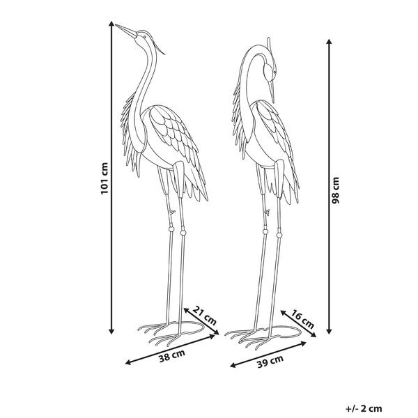 Maße von zwei Kranich-Gartenfiguren: 101 mal 38 mal 21 Zentimeter und 98 mal 39 mal 16 Zentimeter. Toleranz von plus oder minus 2 Zentimetern.