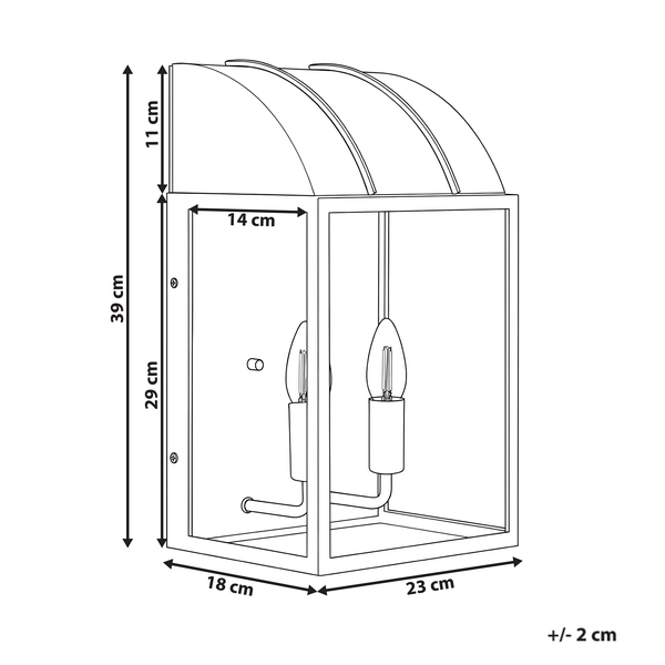 Maßskizze einer Außenwandleuchte: Höhe 39 Zentimeter, Breite 23 Zentimeter, Tiefe 18 Zentimeter. Toleranz plus minus 2 Zentimeter.