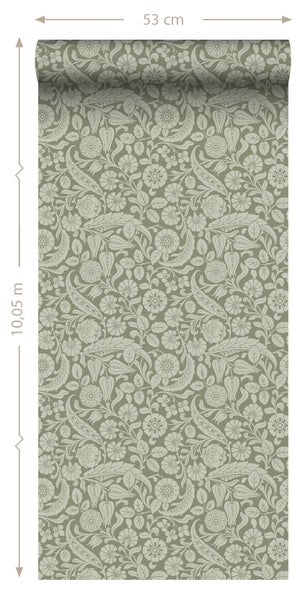 ESTAhome Tapete Blumenmuster Olivgrün - 50 x 900 cm - 139784
