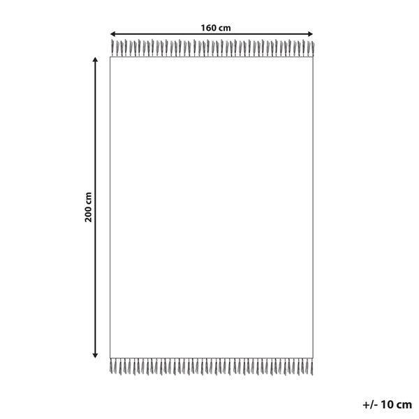 Technische Zeichnung einer Wohndecke mit Maßen von 160 Zentimeter mal 200 Zentimeter inklusive Fransen.