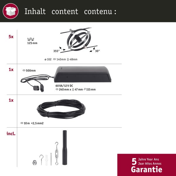CorDuo Seilsystem Cardan Basisset GU5,3 max. 5x10W 230/12V Schwarz matt, Chrom