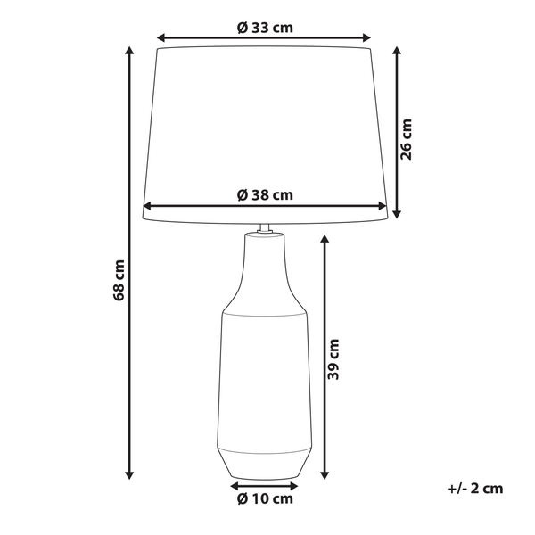 Abmessungen der Tischleuchte: Gesamthöhe 68 cm, Schirmdurchmesser oben 33 cm, Schirmdurchmesser unten 38 cm, Schirmhöhe 26 cm, Lampenfußhöhe 39 cm, Lampenfußdurchmesser 10 cm. Toleranz +/- 2 cm.