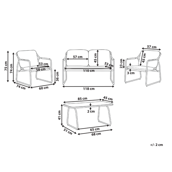 Maßzeichnung eines Gartenmöbel-Sets bestehend aus Sessel, Sofa und Tisch mit detaillierten Angaben in Zentimetern.