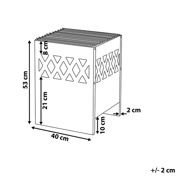 Technische Zeichnung einer Feuerschale mit Abmessungen: Höhe 53 Zentimeter, Breite 40 Zentimeter, Wandstärke 2 Zentimeter. Toleranz plus minus 2 Zentimeter.