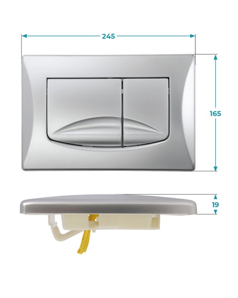Betätigungsplatte für Toilette mit 2-Mengen-Spülung, Maße: Breite 245 Millimeter, Höhe 165 Millimeter, Tiefe 19 Millimeter.