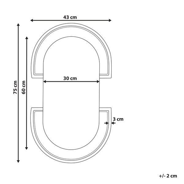 Technische Zeichnung eines Spiegels mit Maßangaben: 75 cm Höhe, 43 cm Breite, 30 cm Abstand