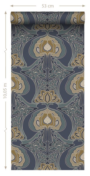 ESTAhome Tapete Blumenmuster im Jugendstil Graublau - 53 cm x 10.05 m - 139572