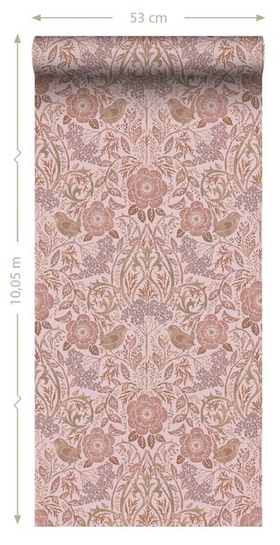 ESTAhome Tapete Blumen und Vögel Violett und Terrakottarosa - 53 cm x 10.05 m - 139830