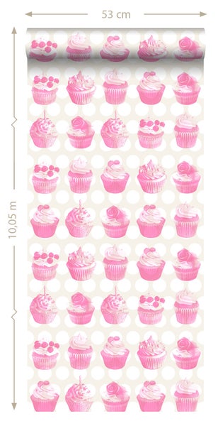ESTAhome Tapete Cupcakes auf glänzenden Punkten Rosa - 53 cm x 10.05 m - 138723
