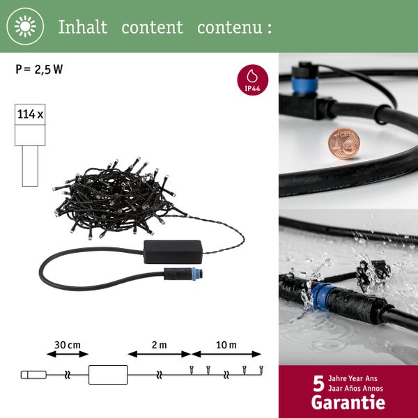 LED-Lichterkette mit 114 Lampen, IP44-Schutz und 5 Jahren Garantie